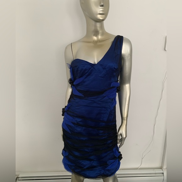 One Shoulder mesh Tulle Overlay black & blue mini Dress w flower detail size 6 - Picture 3 of 15